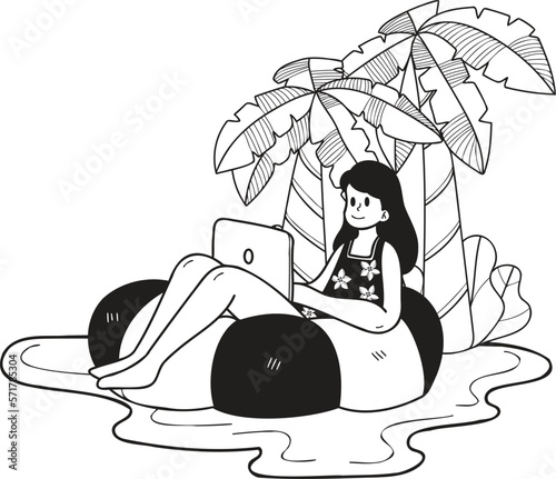Hand Drawn Freelance woman working on laptop under coconut tree illustration in doodle style