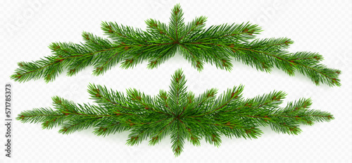 Pine tree branch christmas garland set realistic vector illustration. Fir twigs with green needles isolated on transparent background. Winter holiday evergreen decoration, spruce or cedar elements