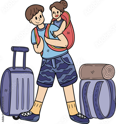 Hand Drawn Male tourist holding baby with travel bag illustration in doodle style