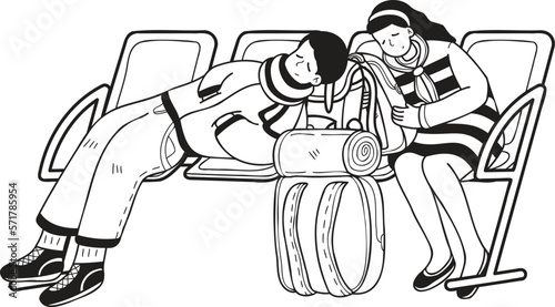 Hand Drawn Tourists waiting for the plane illustration in doodle style