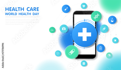Healthcare and medicine technology with mobile or smartphone. phone screen with medical specialist and icons healthcare, cardiogram. medical video consultation with doctor through phone app. vector.