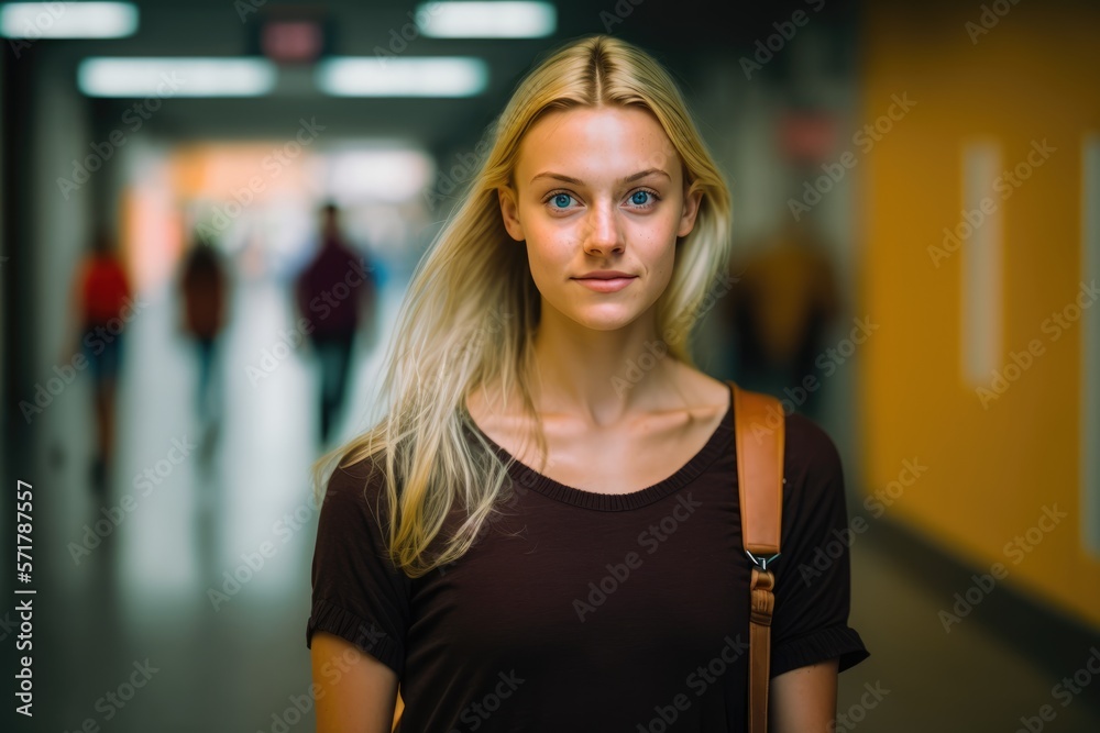 Smiling blonde college student looking at the camera at the University ...