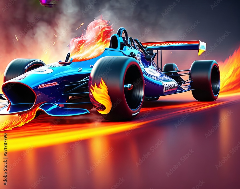 Best Mighty Racing Open Wheel Sports Car with Nitrogen Accelerator Driving with Fire Effects Background Realistic AI