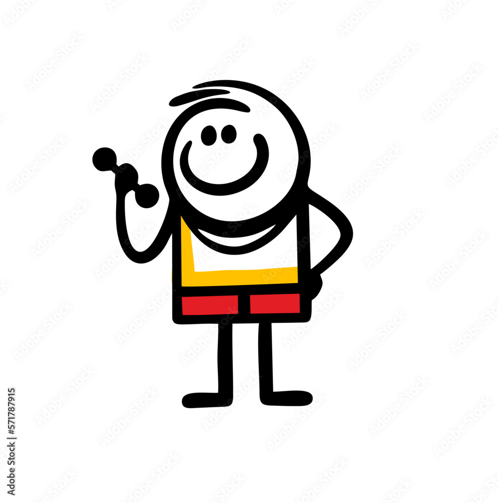 Cartoon young boy in a physical education lesson does sports with dumbbells. Cartoon young boy in a physical education lesson does sports with dumbbells.