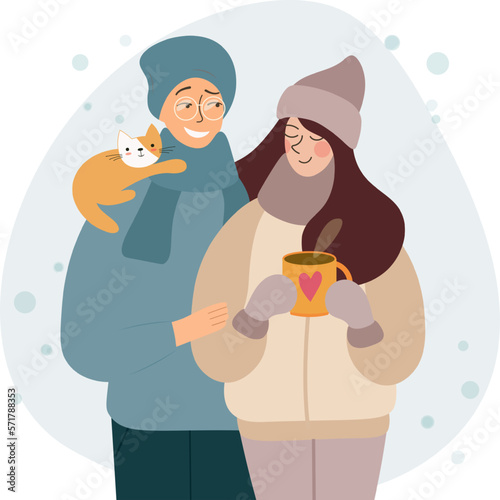 Guy and girl on the street in winter with a cat. Stylish beautiful love couple on a walk walking and hugging. A woman is drinking hot coffee or tea. Isolated cartoon flat vector illustration.