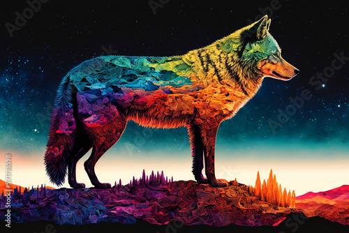 Colorful Wolf and Abstract Gradient Background: A Bright and Vivid Display Generated by AI