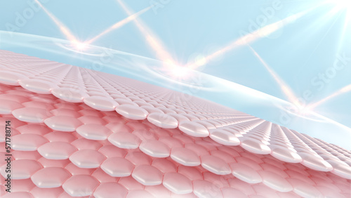 3D rendering of a UV-protected skin cell. Reflecting ultraviolet protection is ultraviolet. advertisements for cosmetics, sunscreen, lotion, and serum. UVA and UVB protection