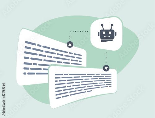 AI Rewriting, writing articles, SEO content generation using artificial intelligent and neural network models. AI generates new text by processing input using language model trained on vast corpus photo