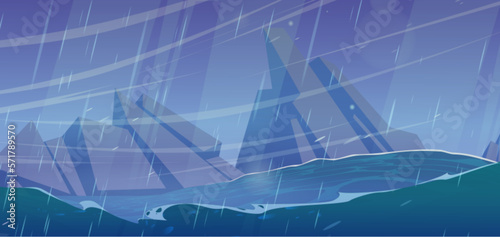 Stormy Caribbean sea cartoon landscape. Illustration of falling rain in ocean with danger rock on skyline. Blue scary wave vector background. Dramatic scene for game for nautical adventure.