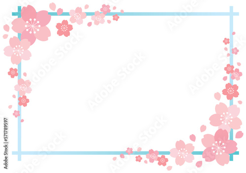 桜とグラデーションラインの四角フレーム 背景/水色