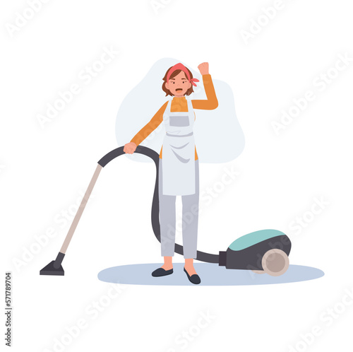 Professional Cleaner. Confident Lady working as housekeeper with a vacuum. Flat vector illustration