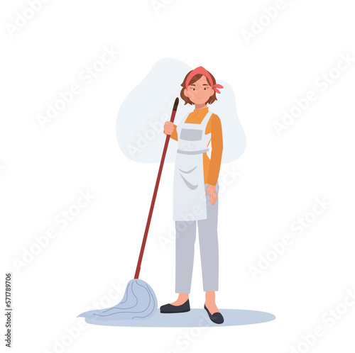 Professional Cleaner. Lady working as housekeeper with a mop. Flat vector illustration