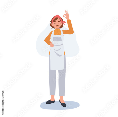 Professional Cleaner. people Character of Lady working as housekeeper is doing ok hand sign as a good job meaning. Flat vector illustration