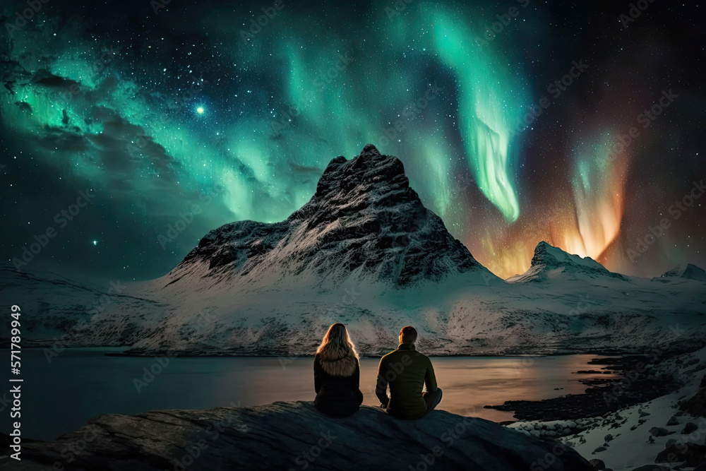 a man and a girl sitting in front of a mountain looking at the northern lights, generative AI