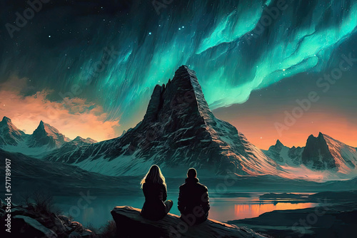 a man and a girl sitting in front of a mountain looking at the northern lights, generative AI