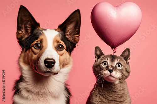 Cute dog and cat with valentine heart shape balloon on pink background  generative AI