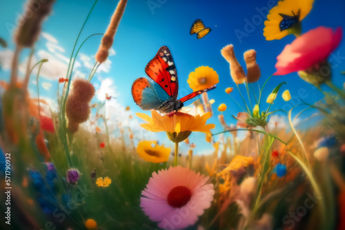 Illustration of Monarch butterfly and wild flowers AI generated image. © SNEHIT PHOTO