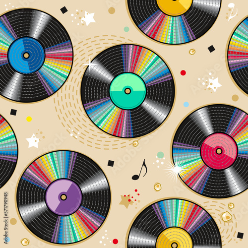 Vinyl records abstract seamless pattern background with blank colorful labels
