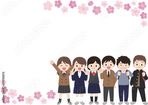 桜と学生のフレーム素材イラスト