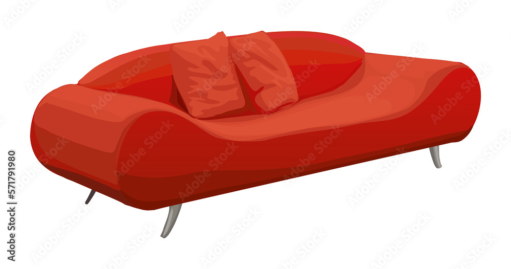 Stylish comfortable red sofa realistic illustration. Modern fabric