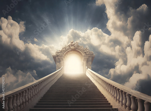 Stairway to heaven. Success, business rise concept. Stairs going up to light. Generative AI