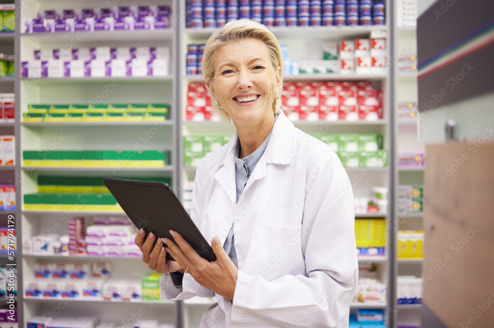 Tablet, pharmacy portrait and pharmacist woman for product management, stock research and inventory. Digital technology, retail software and senior healthcare doctor or person with medicine services