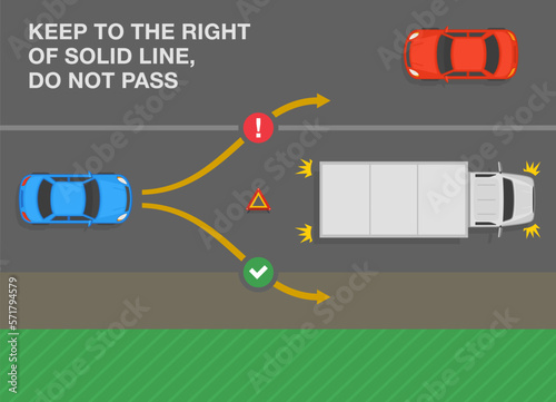 Safe driving tips and traffic regulation rules. Top view of a broken down truck which blocked the road. Passing the obstacle on road by moving on side of the road. Flat vector illustration template. 