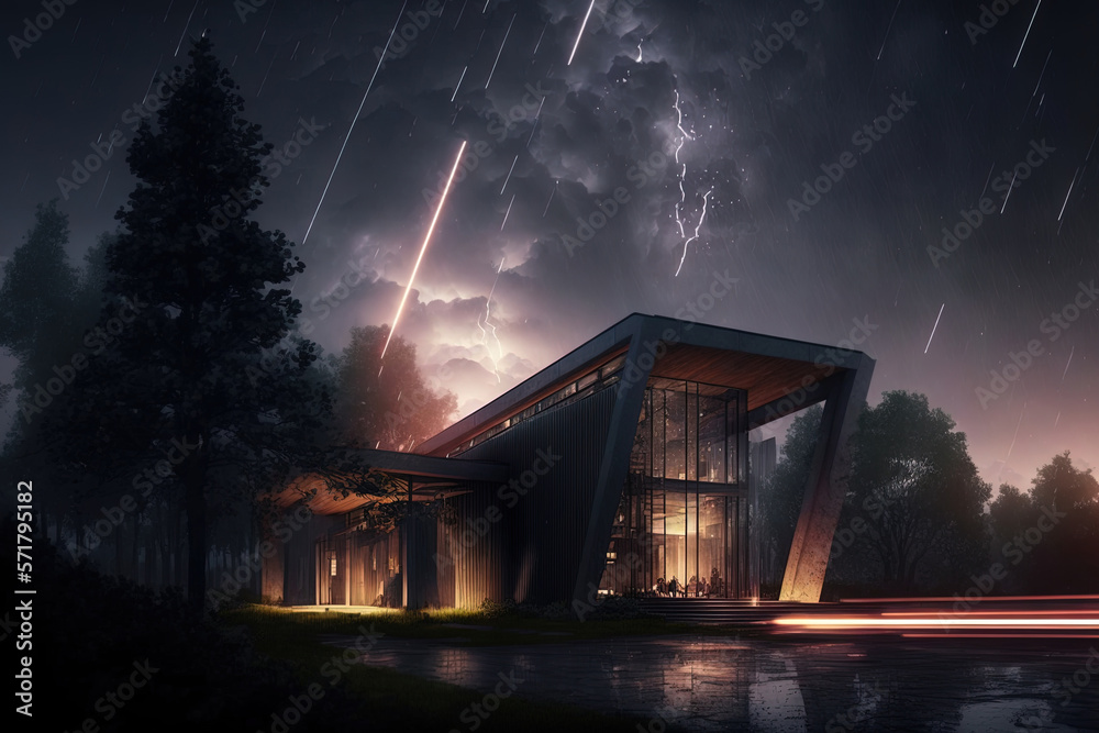 Fantasy night landscape with architecture and meteor shower. AI