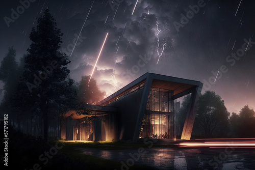 Fantasy night landscape with architecture and meteor shower. AI