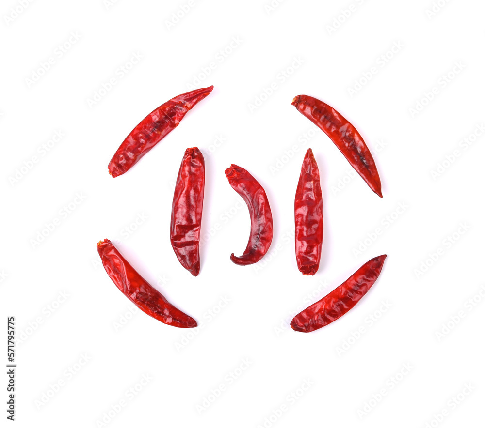 Dried red hot chilli , spur chili pepper on white background. Top view Dried red hot chilli , spur chili pepper on white background. Top view
