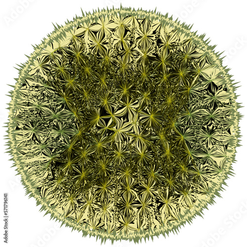 Round mat, rug, carpet, serviette, doormat, napkin with abstract ray like pattern in green, yellow, black, white colors and grunge rough fringe isolated on white