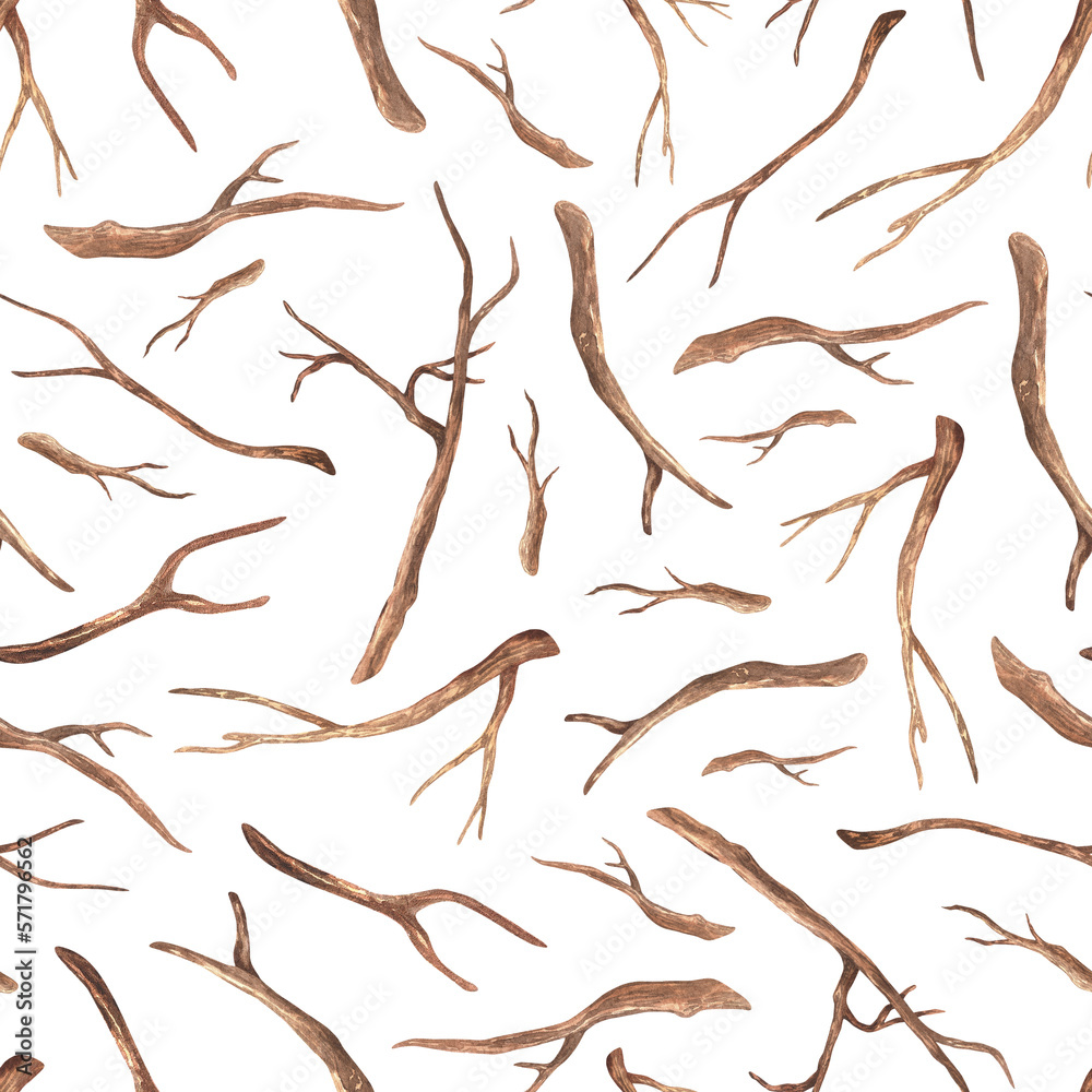 Fototapeta premium Seamless pattern with brown twigs. Watercolor illustration. Separate branches of a tree. Isolated on a white background. For rustic print design, fabrics, wrapping paper