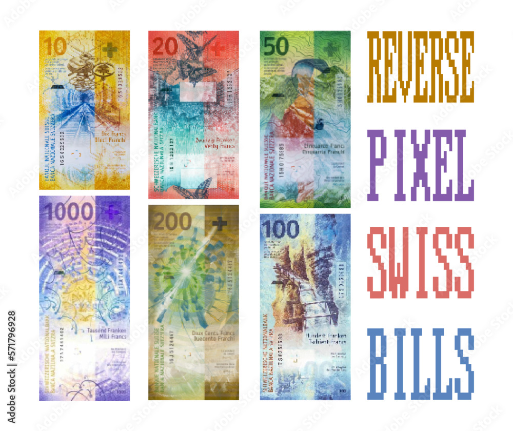 Vector set of pixelated mosaic reverse side banknotes of Switzerland. Swiss paper money on an isolated white background. Bills of denomination at 10 before 1000 francs. - obrazy, fototapety, plakaty 