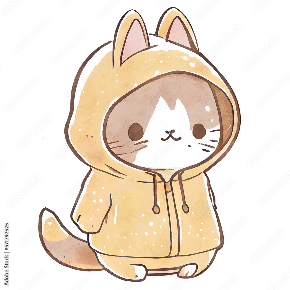 Cute Chibi Cat Wearing Hoodie watercolor Clipart PNG Stock Illustration ...