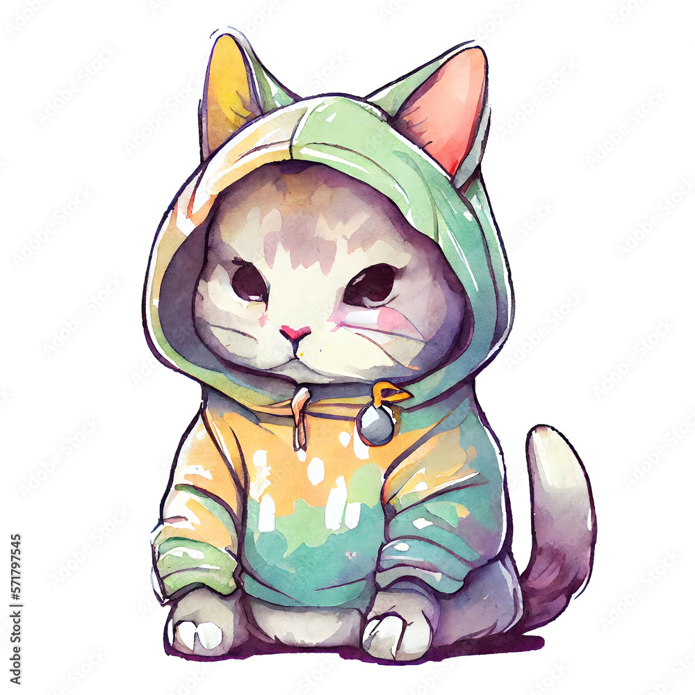 Cute Chibi Cat Wearing Hoodie watercolor Clipart PNG Stock Illustration |  Adobe Stock