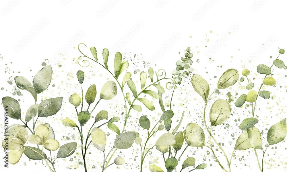 Watercolor leaves, border banner for stationary, greetings, etc. floral decoration. Hand drawing.