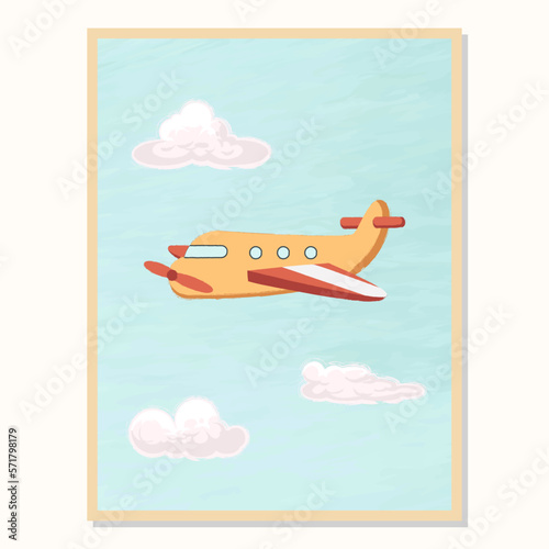 cute hand drawn plane or aircraft and cloud crayon texture illustration for children room wall decoration