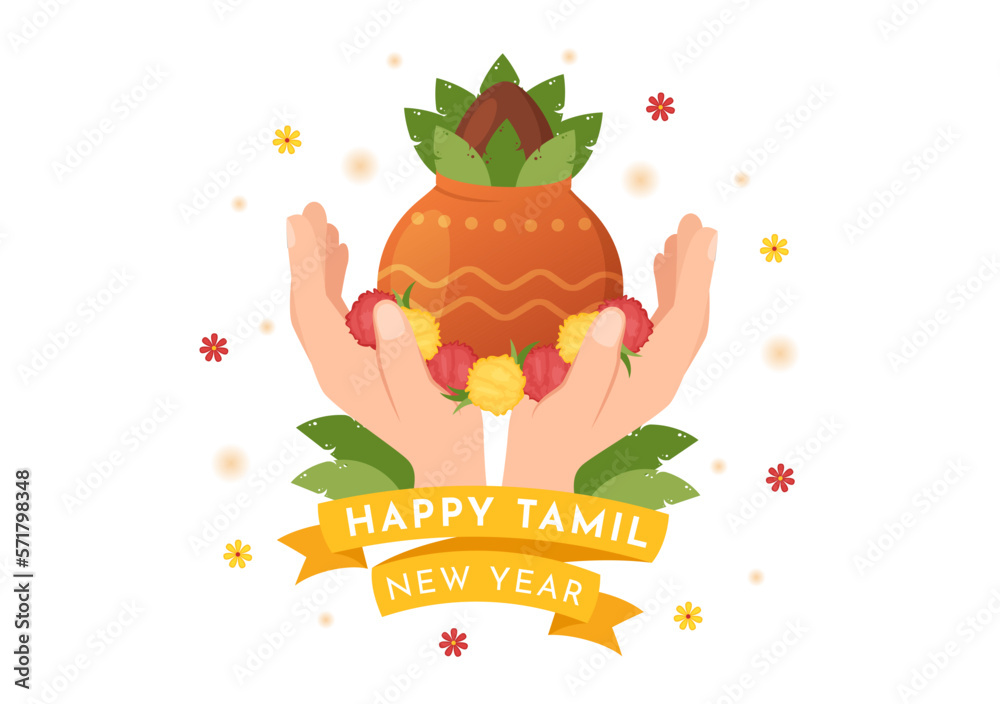Fototapeta premium Happy Tamil New Year Illustration with Vishu Flowers, Pots and Indian Hindu Festival in Flat Cartoon Hand Drawn for Landing Page Templates