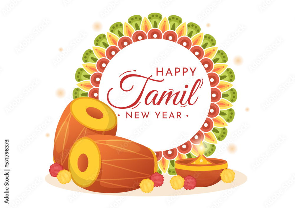 Happy Tamil New Year Illustration with Vishu Flowers, Pots and Indian