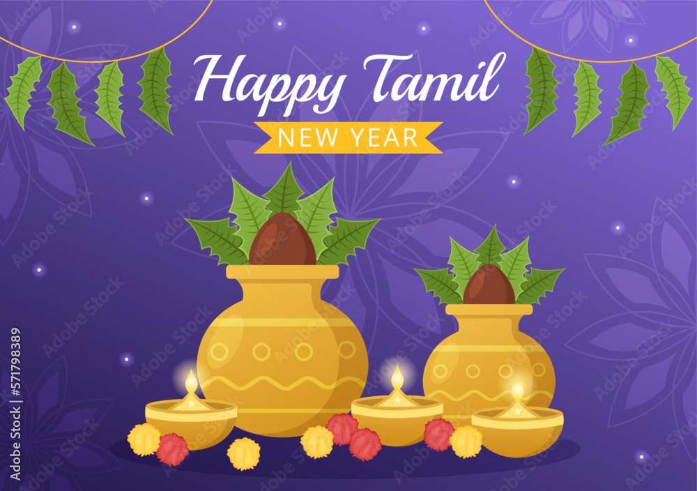 Happy Tamil New Year Illustration with Vishu Flowers, Pots and Indian