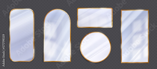 Set of isolated realistic mirror with gold frame on transparent background. Vector light reflection on glass surface. Cosmetic mockup interior pack in different shapes with modern furniture.