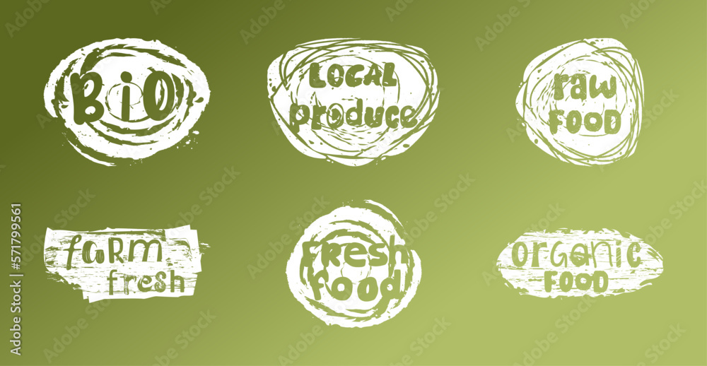 White labels with organic and raw food diet designs. Logo collection for local farm products packaging. Each element is isolated.