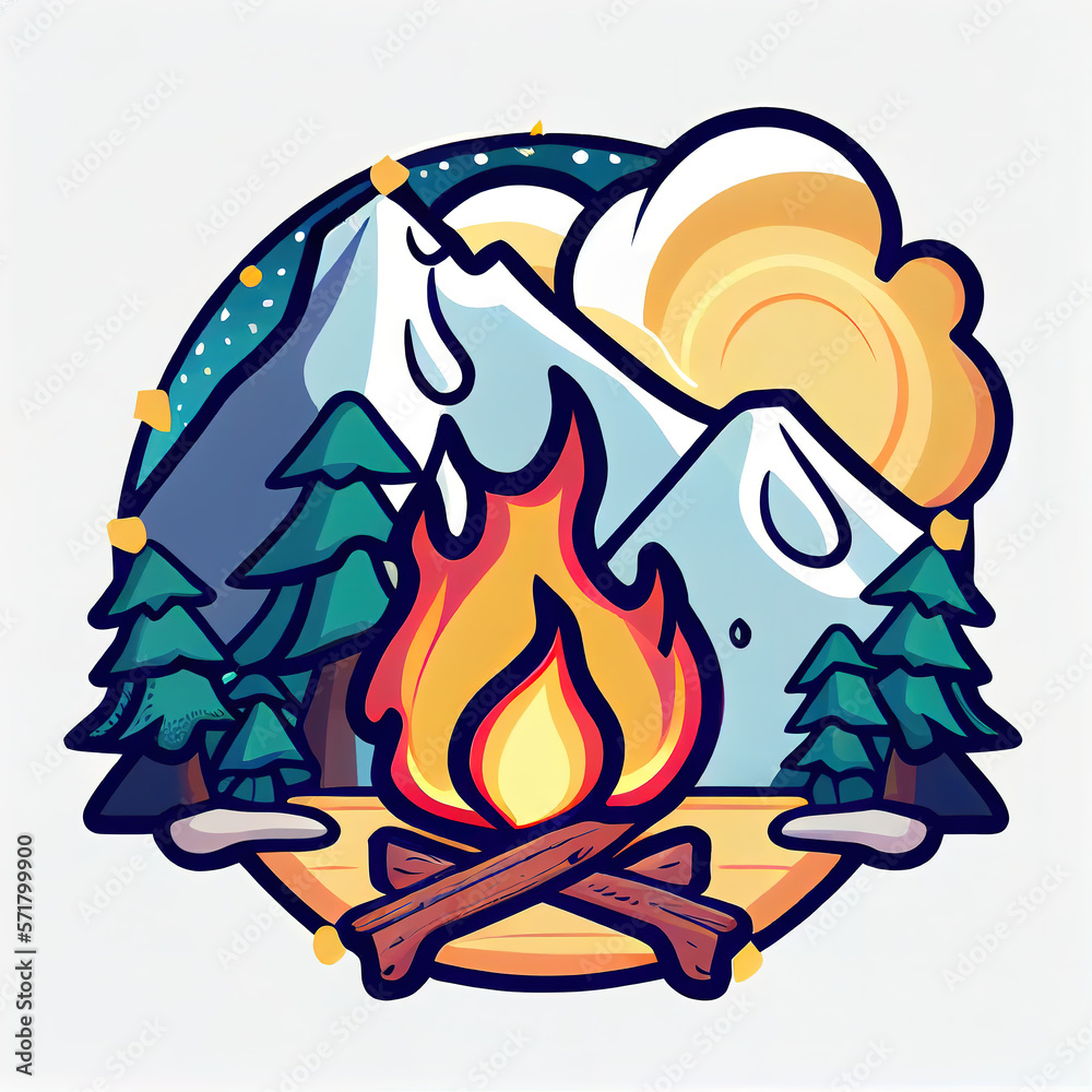 Campfire in the mountains. Cartoon icon, badge or sticker. Generative art