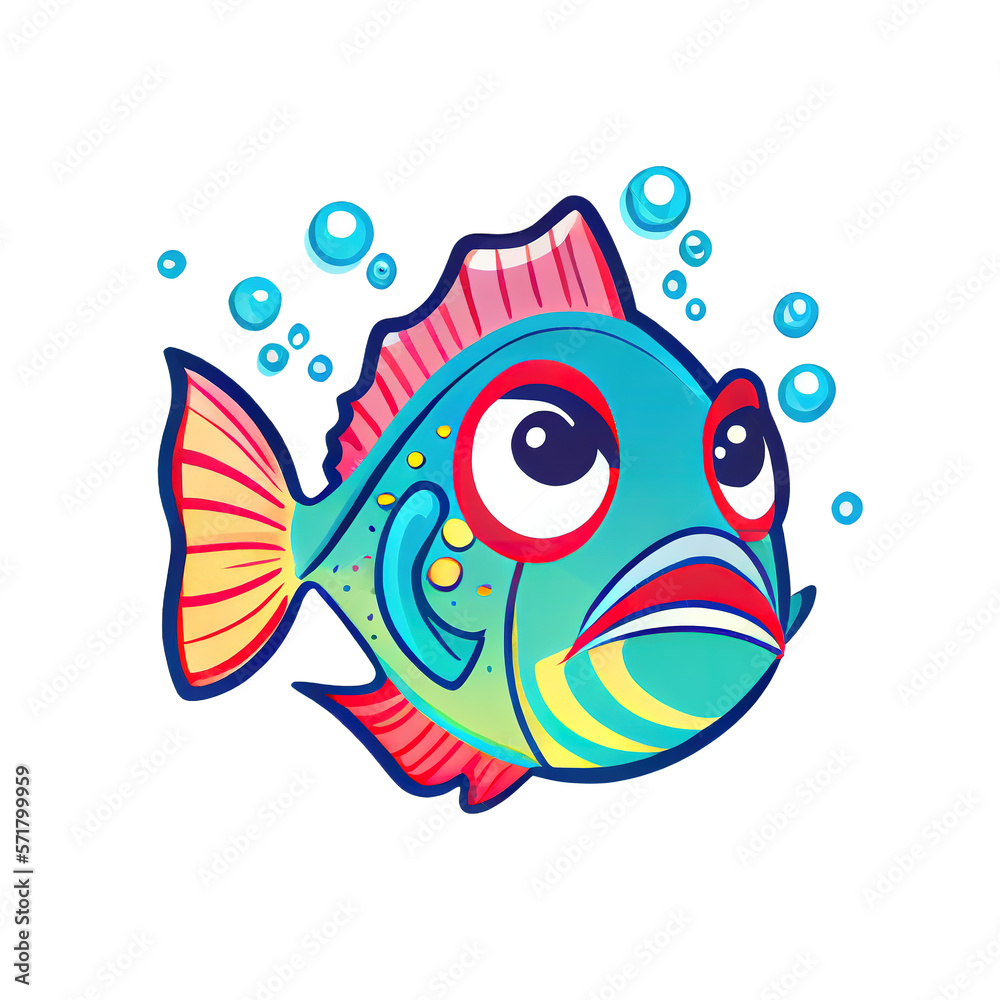 Cute cartoon fish in style of badge or sticker, isolated on white background. Generative art Cute cartoon fish in style of badge or sticker, isolated on white background. Generative art