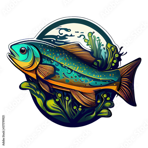 Cute cartoon fish in style of badge or sticker  isolated on white background. Generative art