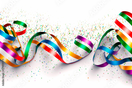 carnival streamers and glitter on white background