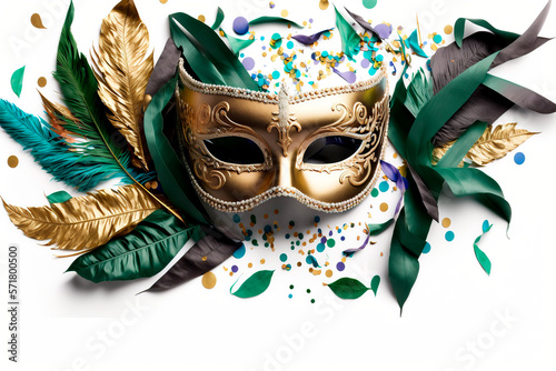 Carnival mask and glitters on white background