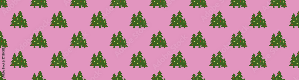 pattern. Image of green Christmas trees with balls on purple background. Symbol of New Year and Christmas. template for overlaying on surface. 3d image. 3d rendering. Banner for insertion into site.