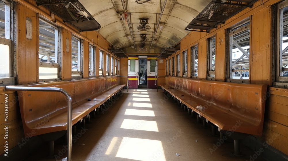 Intrerior view of an old passenger train car 