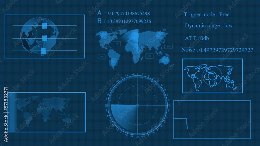 Digital technology world map, different information showing radar ...